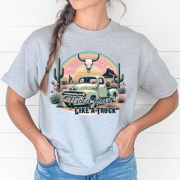 Western Country Music Tee Retro Truck Cowgirl Desert Rainbow Boho Graphic Shirt - Picture 1 of 4